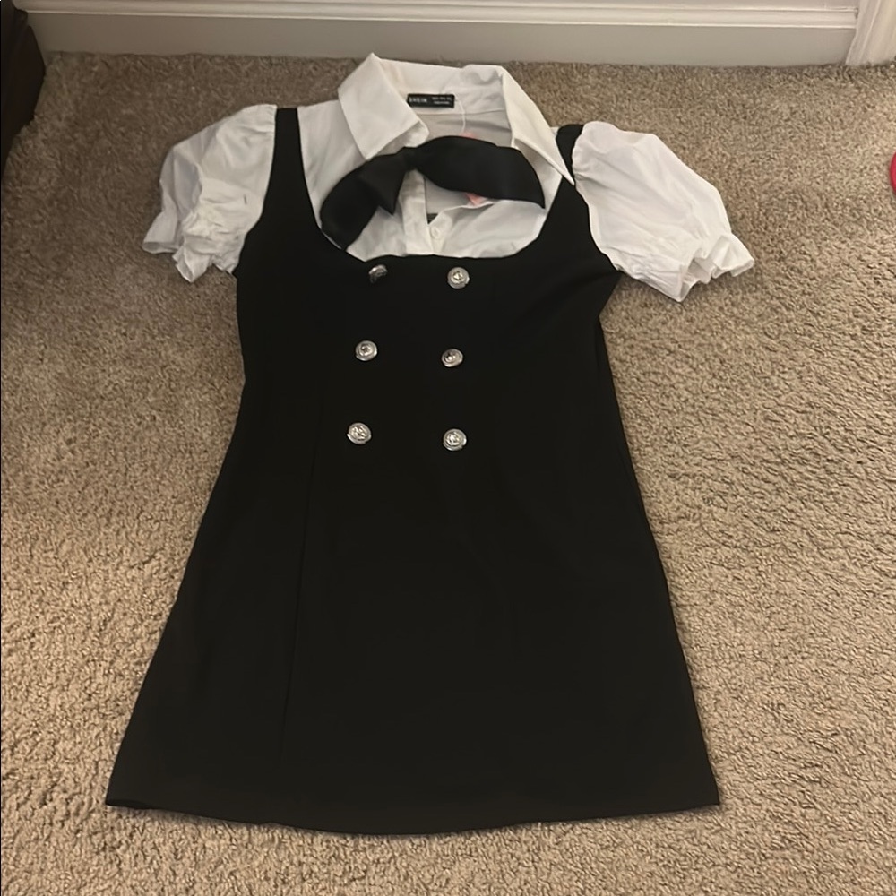 SHEIN Black and White Sheath Dress with Puff Sleeves
